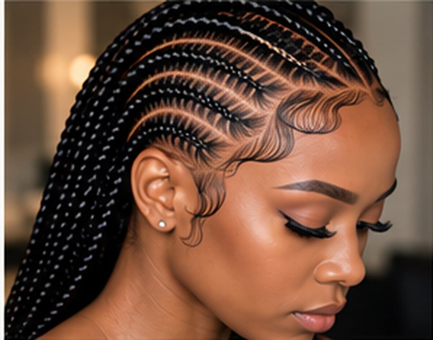 Feed-in cornrows with laid edges, side profile