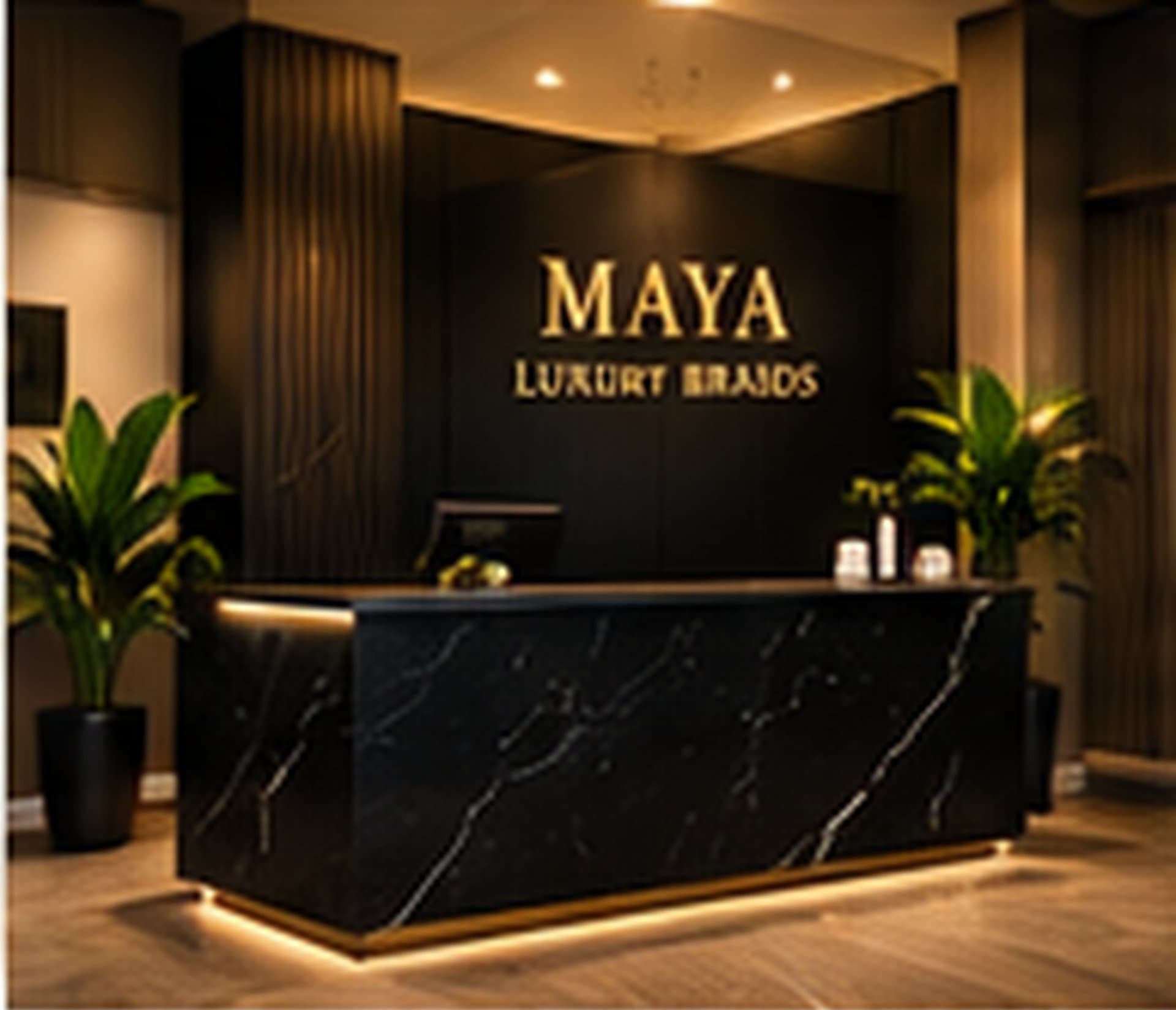 The salon entrance with the Maya Luxury Braids sign over the reception desk