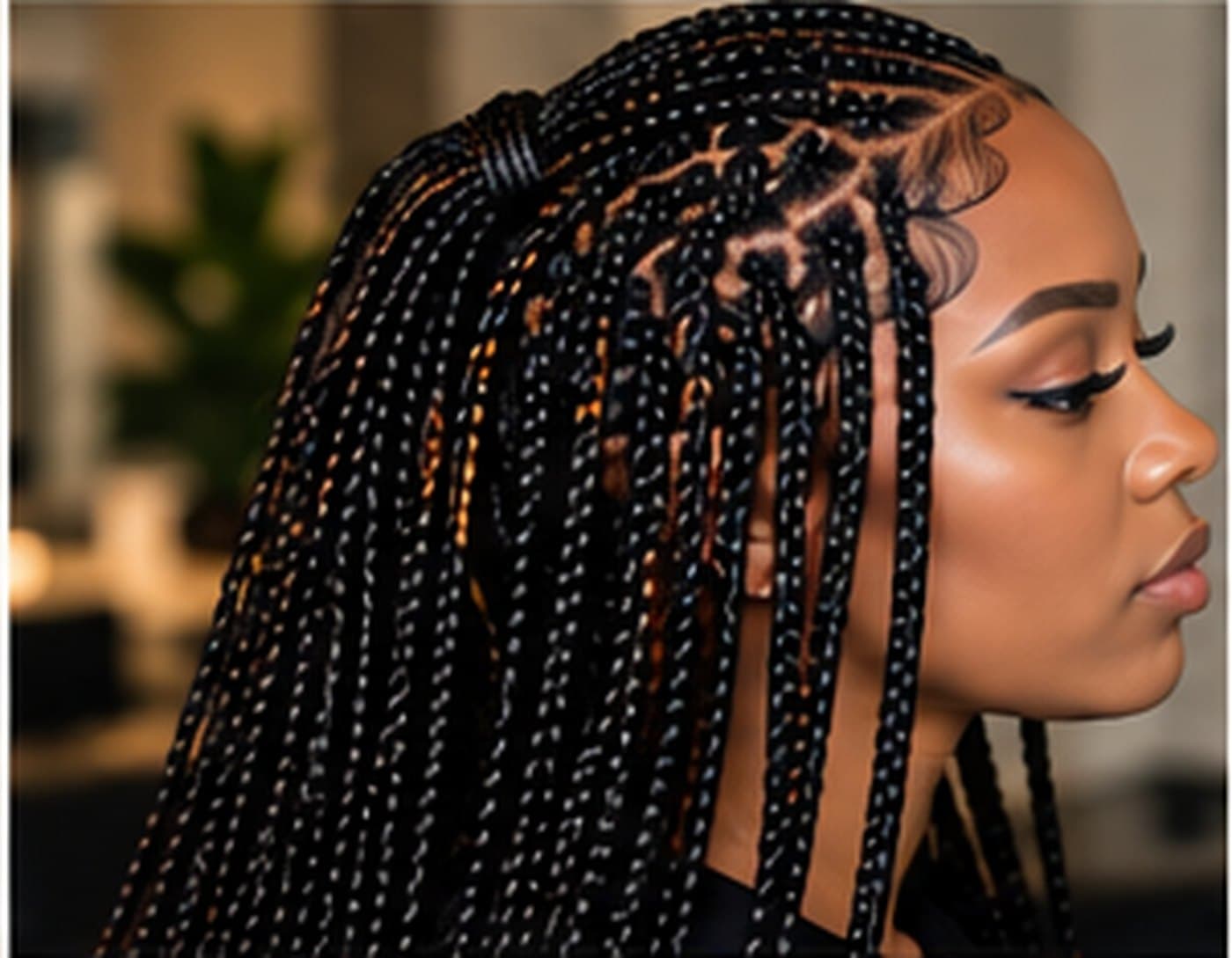 Small knotless braids with curved parting